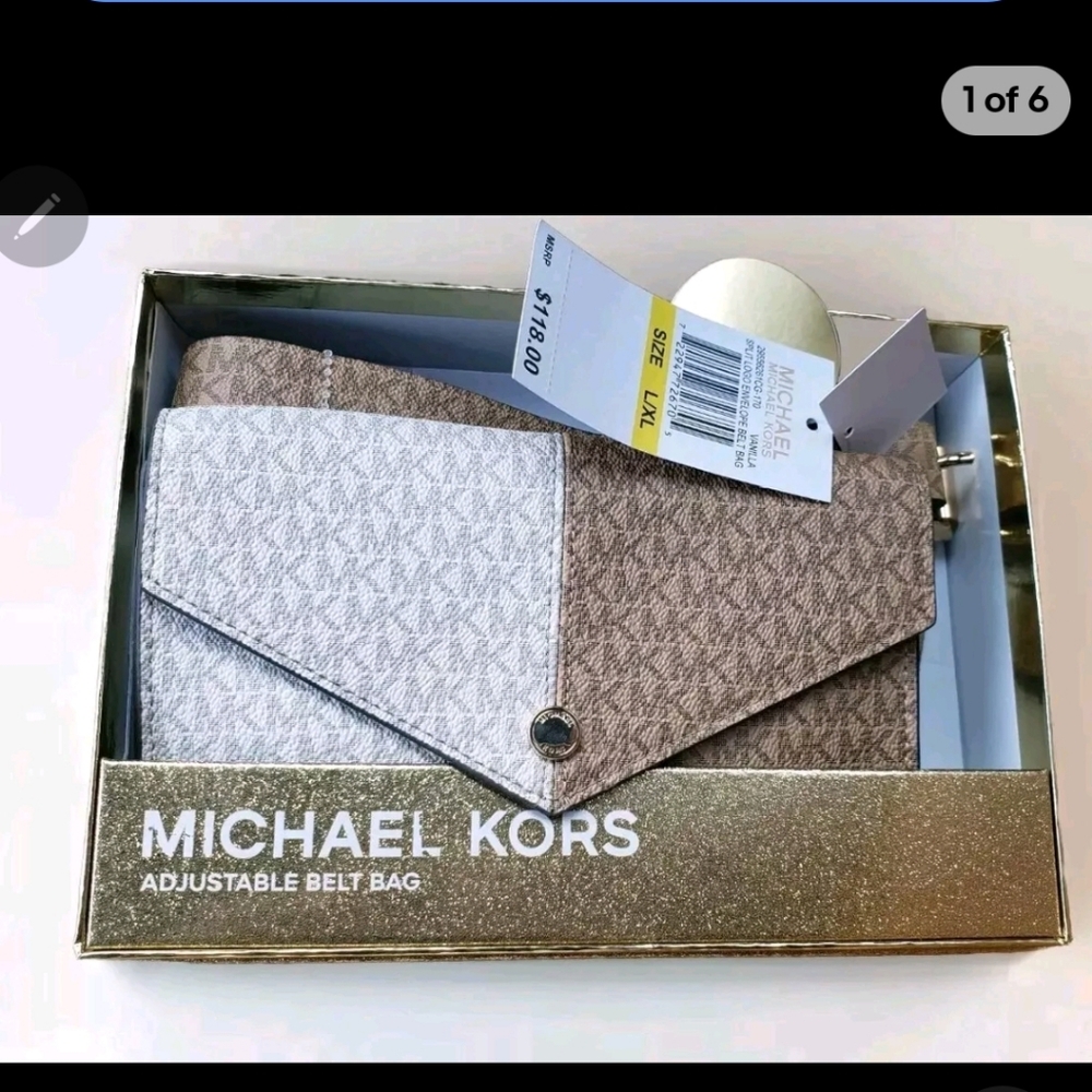 $118 MICHAEL KORS WOMEN SPLIT LOGO ENVELOPE BELT BAG MK LOGO VANILLA COLOR L/XL